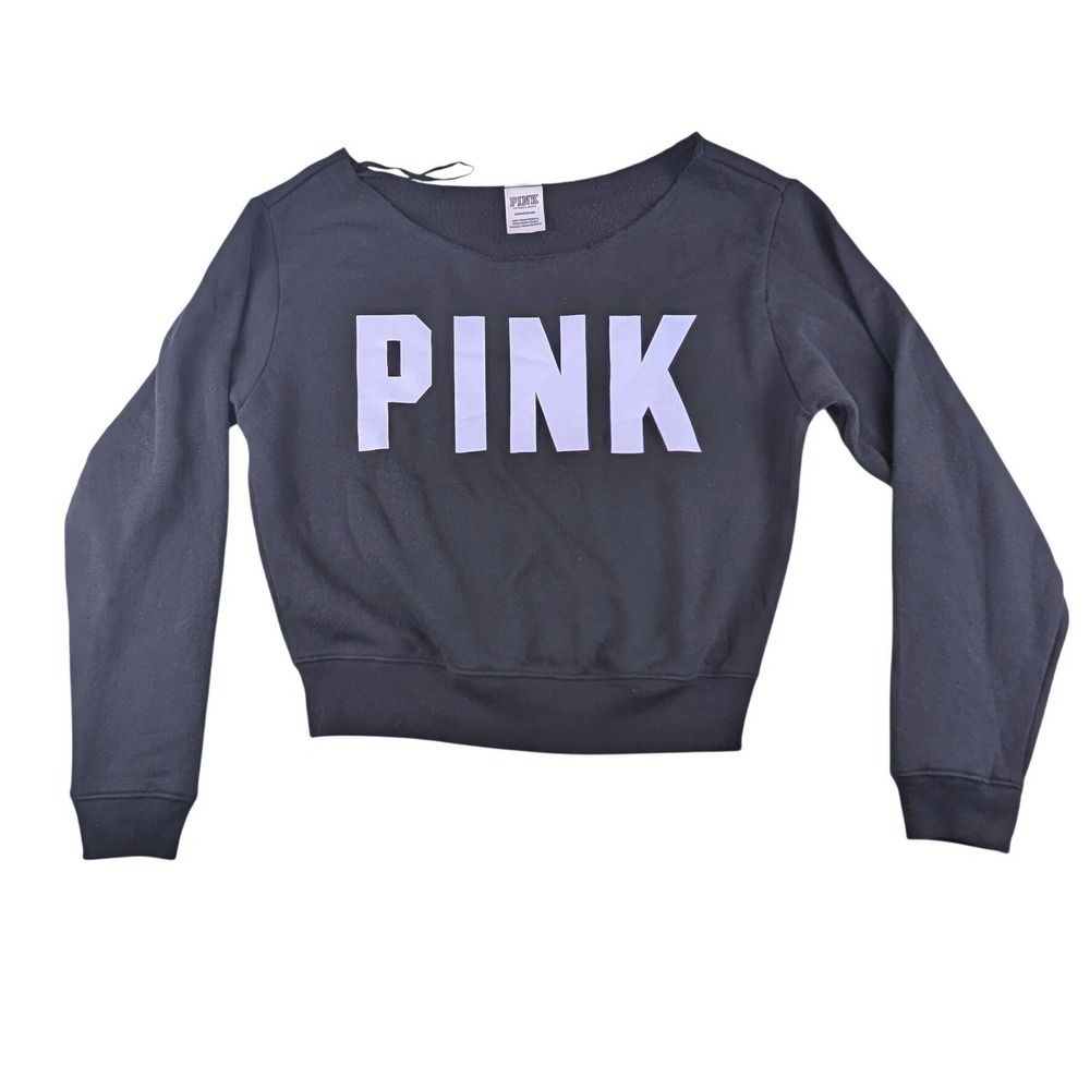 Victoria's Secret PINK Black Cropped White Graphic Logo Sweatshirt Small